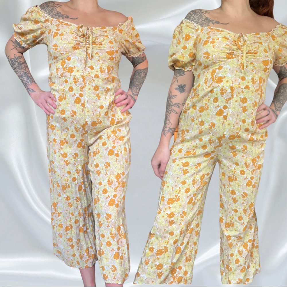Groovy Floral Print Off The Shoulder Jumpsuit Romper
